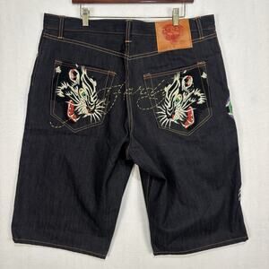 Ed Hardy Jean Shorts Mens 38 Y2K Tiger Cobra Tattoo Baggy Wide Leg Jorts 2007
